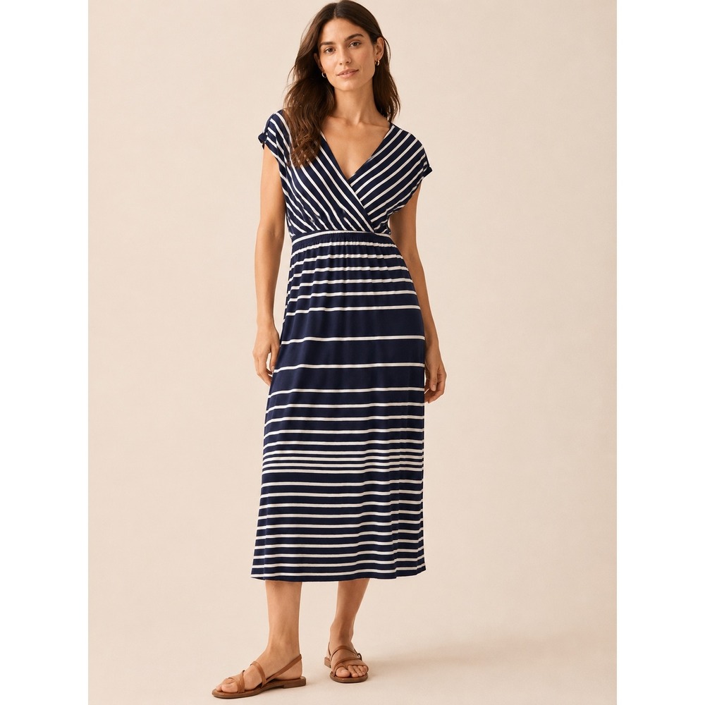 INC Women Striped Surplice Midi Dress Large Nautical Navy‎ Blue Summer Knit